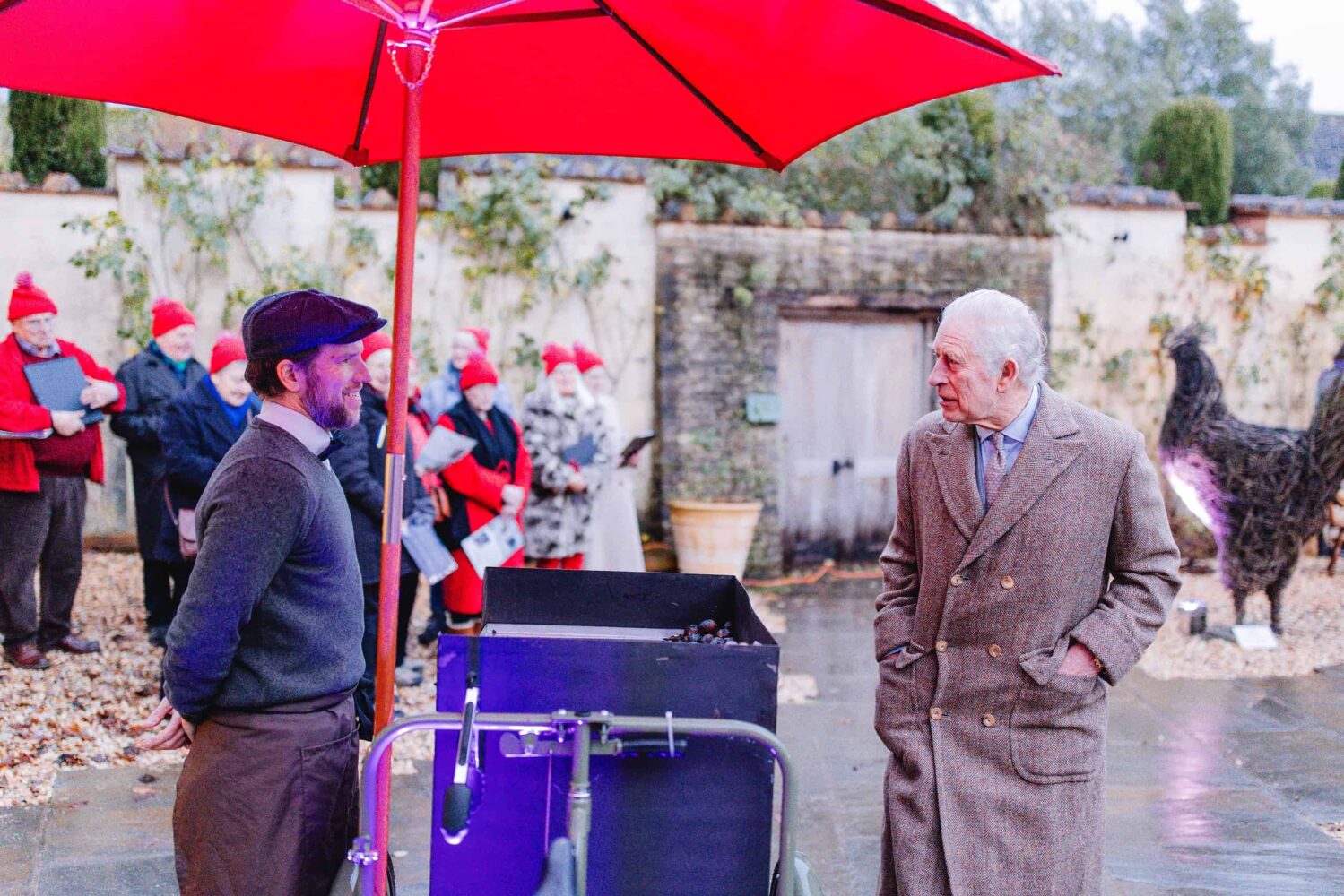 Roasted nuts tricycle serving King Charles at Christmas event at Highgrove Gardens UK