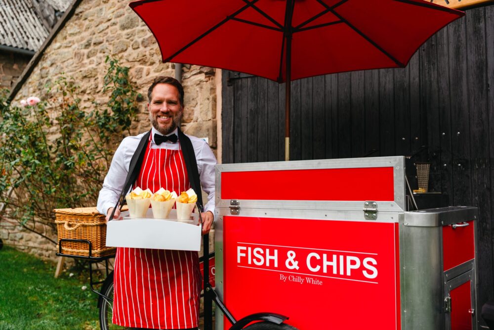 Chilly White Traditional Fish and chips tricycle with uniformed server - freshly made and perfect for private events