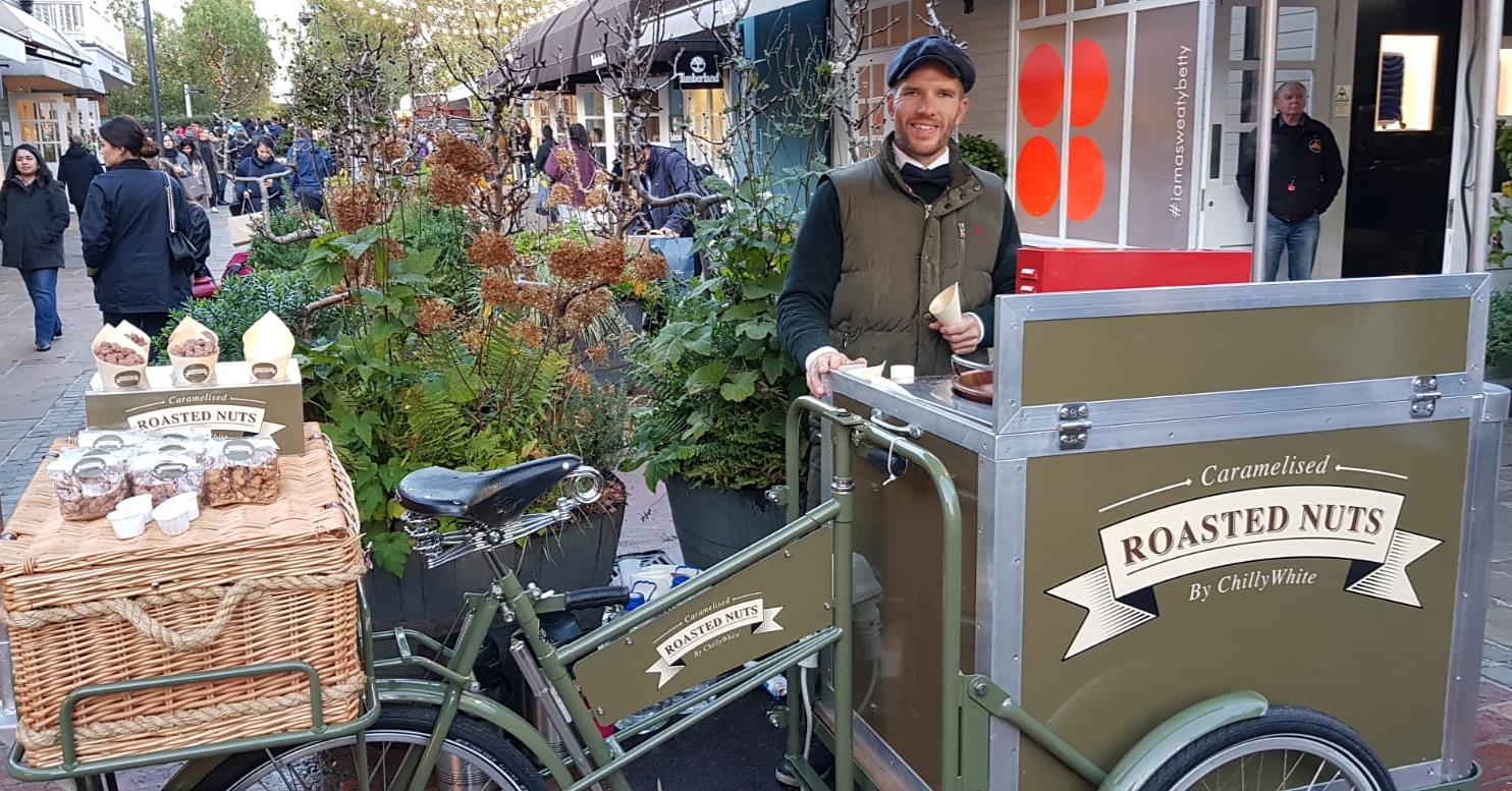 Chilly White Hand made Caramelised roasted nuts tricycle hire for unique winter events - Christmas crunchy treats
