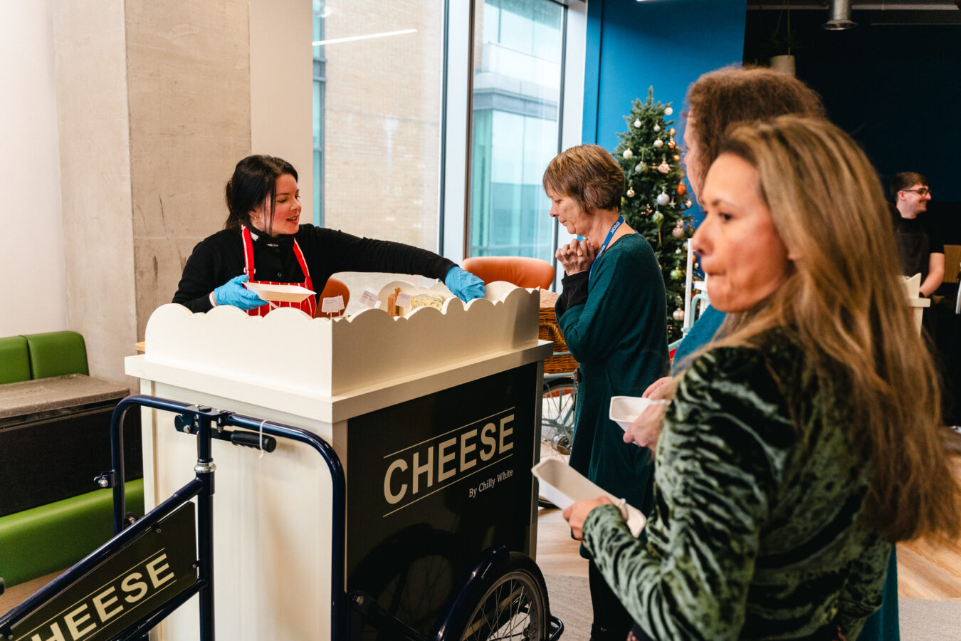 Chilly White Cheese tricycle hire with a server - British and European cheeses with crackers and chutney - the perfect after party snack