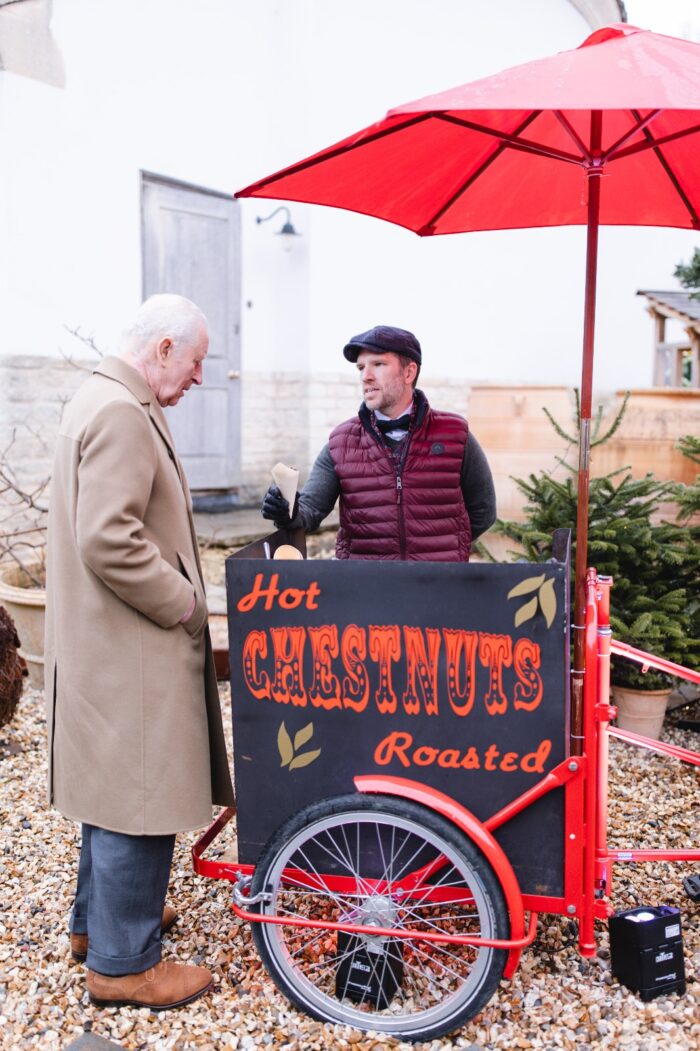 Roasted nuts catering at Highgrove Gardens Christmas event attended by King Charles