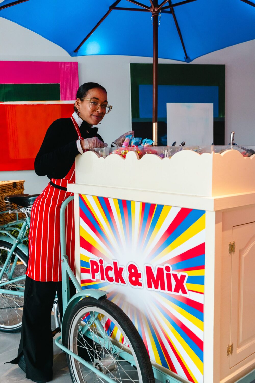 Chilly White retro pick and mix sweets tricycle and uniformed server